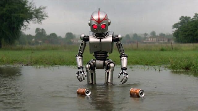  On a rainy day, with rain falling throughout, a robot walks into the water and picks up a soda can. The camera focuses on a close-up of its hand. Then it stands up, raises its hand to its face, and looks at the can, followed by a close-up shot of its face.
