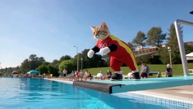 A sleek, determined cat, wearing a tiny Olympic uniform, stands poised on a high diving platform at an outdoor swimming pool during a bright, sunny day, with a cheering crowd faintly audible in the background. The camera, shot on 35mm with a wide-angle anamorphic lens, starts with a slow dolly-in from a low angle, capturing the cat's focused expression before it leaps with incredible agility, twisting mid-air in a perfect dive, and splashes into the crystal-clear water with a dynamic ripple effect. This 10-second clip, in 4K at 24 fps with cinematic color grading, emphasizes vibrant blues and natural lighting for an energetic, triumphant mood.