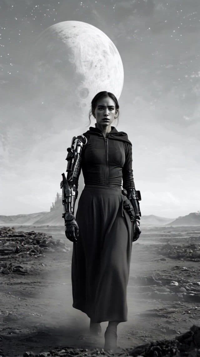 Wide shot reveals a vast, dusty wasteland. Slowly push in—a lone woman walks forward, steady and silent. Close-up: her eyes reflect sorrow and strength. She blinks. Dust glows in sunlight. A small, calm smile flickers—tired, but unbroken.
