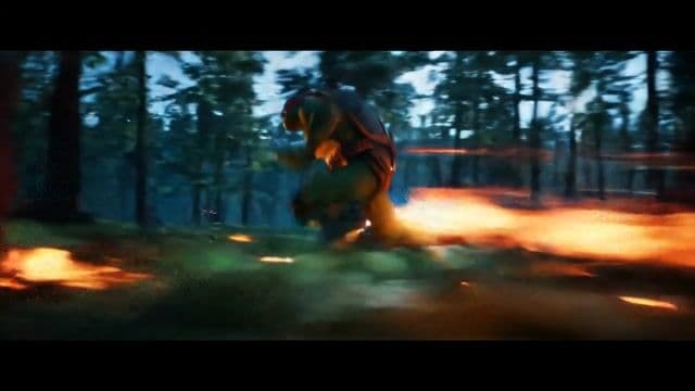 A hyper-speed superhero, resembling a ninja turtle, is sprinting through a dense, dark forest at night. The trees blur into streaks of green and black as he moves. Fiery trails burst behind him with every stride, igniting parts of the underbrush in glowing embers. As he weaves between the trees, the blazing trail he leaves behind slowly forms the words 'VEO 3 FAST @ Pixel Dojo' in glowing, molten fire on the forest floor. The camera zooms up to show the entire text.