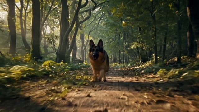 A majestic German shepherd bounds energetically along a lush, winding forest path, its fur rippling in the breeze as it leaps gracefully over a shimmering glass wall in hot pursuit of a darting squirrel, with sunlight filtering through the canopy to cast dynamic shadows and highlights. The camera tracks smoothly alongside the action in a slow dolly shot, capturing intricate details like the dog's intense focus and the squirrel's frantic scamper, all rendered in photorealistic style with natural cinematic lighting, subtle depth-of-field, and warm color grading. This 10-second clip is shot in 4K resolution at