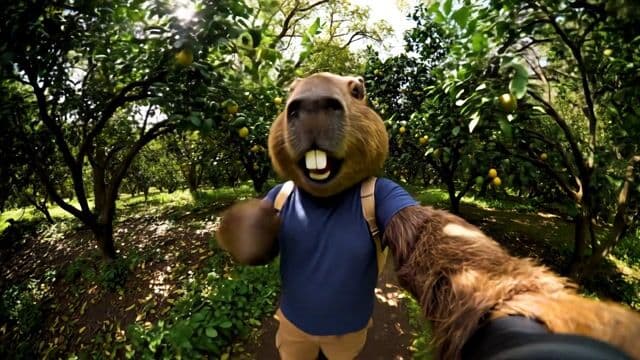 An anthropomorphic capybara, dressed casually with a backpack, films a lively VLOG-style video in a lush woodland grove surrounded by vibrant lemon trees, using a handheld camera with dynamic shakes and wide-angle lens to capture the sun-dappled leaves and yellow fruits in warm, saturated colors. The capybara speaks enthusiastically to the camera with a friendly voice, saying, "Hey everyone, you gotta check out the new AI video tools at PixelDojo.ai – they're game-changers for creators like us!" Ambient forest sounds like chirping birds and rustling leaves mix with upbeat acoustic background music and subtle foley of footsteps on the dirt path.