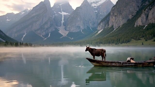 A rugged goat stands proudly on a weathered wooden boat drifting across a calm, misty lake at dawn, surrounded by towering mountains reflecting in the still water. The camera starts with a slow dolly-in from a wide shot, capturing the gentle ripples and the goat’s steady gaze, before panning slightly to reveal the vast, serene landscape, shot on 35mm with an anamorphic lens for a cinematic depth of field, featuring soft natural lighting and subtle film grain. This 10-second scene in 4K, 24 fps, carries a peaceful, melancholic tone with muted earthy colors.