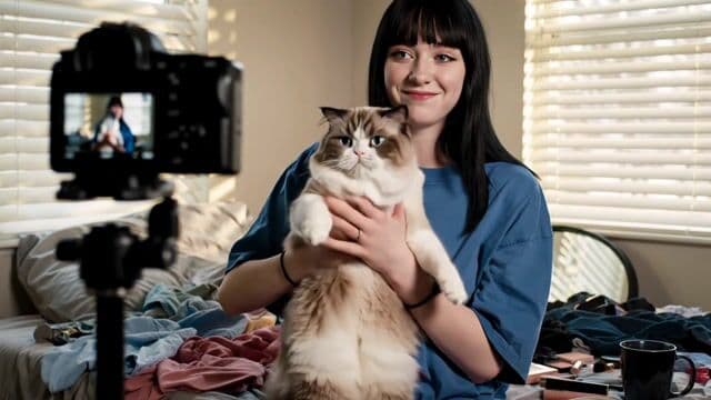 {
  "shot": {
    "composition": "Medium close-up, 35mm lens, Sony A7S III, shallow depth of field, static tripod framing",
    "camera_motion": "none, static camera",
    "frame_rate": "30fps",
    "film_grain": "clean digital with slight texture"
  },
  "subject": {
    "age": 19,
    "description": "19-year-old woman with pale skin, light blue eyes, long straight black hair with bangs",
    "wardrobe": "oversized long blue T-shirt",
    "anatomy": "natural proportions, holding the cat securely with both hands",
    "secondary_subject": {
      "type": "Ragdoll mix cat",
      "description": "Medium-sized, white with soft brown patches, flat face, icy blue eyes and furrowed expression",
      "behavior": "stiff posture, tail flicks, visibly annoyed"
    }
  },
  "scene": {
    "location": "bedroom",
    "time_of_day": "early morning",
    "environment": "unmade bed, scattered clothes, makeup items, soft natural light through window blinds"
  },
  "visual_details": {
    "action": "she gently rubs the cat’s head while smiling, speaking directly to it",
    "props": "camera tripod, mug, mirror"
  },
  "cinematography": {
    "lighting": "natural soft window light, warm post correction",
    "tone": "casual, cozy"
  },
  "audio": {
    "ambient": "room tone, faint city noise",
    "cat_sounds": {
      "trigger_event": "woman's thumb touches cat's head",
      "audio_cue": "cat_hiss_growl_001",
      "description": "sharp hiss followed by deep growl",
      "link": "https://youtube.com/watch?v=QeWaYmc4EDQ",
      "timestamp": "00:05–00:06",
      "design": {
        "sync": "frame-perfect with thumb touch",
        "position": "centered stereo, dry mic",
        "eq": "HPF at 120Hz, mid-boost at 3kHz",
        "volume": "-6 dBFS",
        "reverb": "room-matched minimal tail",
        "render_type": "foley insert",
        "required": true
      }
    },
    "dialogue": {
      "character": "Woman",
      "line": "Why are you so angry, huh? Is it because you haven't used Pixel Dojo dot AI?",
      "onscreen_text": "none"
    }
  },
  "color_palette": "warm natural light and soft pastel tones",
  "style": "real life vlog, Instagram reel aesthetic"
}