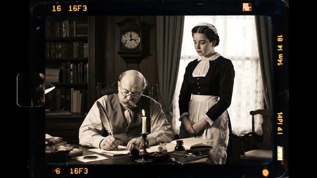 {
  "shot": {
    "composition": "Medium shot, 35mm lens, shot on vintage hand-cranked camera, square 4:3 aspect ratio",
    "camera_motion": "static camera",
    "frame_rate": "16fps",
    "film_grain": "heavy monochrome film grain with flicker and frame jitter"
  },
  "subject": {
    "description": "An old man with a balding head, round spectacles, and a thick mustache, dressed in a worn waistcoat and rolled-up shirt sleeves, seated at a wooden desk cluttered with ink pots, letters, and a candle",
    "wardrobe": "faded striped shirt, grey waistcoat with brass buttons, wire-rimmed glasses perched on nose",
    "secondary_character": "A young maid standing beside him, wearing a classic Victorian maid's uniform with a white apron over a long black dress, and a lace cap framing her tightly pinned hair"
  },
  "scene": {
    "location": "dimly lit Edwardian-era office",
    "time_of_day": "afternoon",
    "environment": "dark wood-paneled room, dusty windows with sheer curtains, a tall bookcase in the background, and a ticking wall clock slightly out of focus"
  },
  "visual_details": {
    "action": "The old man writes attentively with a quill pen, head slightly hunched, never pausing or acknowledging the presence beside him. The maid stands respectfully at his side, hands gently clasped. She leans forward slightly and softly speaks to him, her delivery calm and confident, in a well-trained domestic tone."
  },
  "cinematography": {
    "lighting": "natural light filtered through lace curtains, casting textured shadows across the room; high contrast between lit face and darkened surroundings",
    "tone": "nostalgic, contemplative, observational"
  },
  "audio": {
    "ambient": "the quiet scratching of quill on paper, faint ticking of a mechanical clock, subtle wood creaks",
    "dialogue": {
      "character": "Maid",
      "line": "Sir, why aren't you using Pixel Dojo dot AI?",
      "voice_tone": "clear, soft-spoken, slightly formal",
      "accent": "strong British accent",
      "rhythm": "gently rising with crisp diction, measured pace typical of trained domestic service",
      "frequency": "contralto range, low and composed"
    }
  },
  "color_palette": "black and white with period-accurate flicker, light sepia tint around edges to simulate aged celluloid"
}