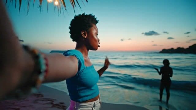 {
  "shot": {
    "composition": "Tight selfie-vlog, palm-string lights bokeh",
    "camera_motion": "arm-length phone sway, gentle sidestep in sand",
    "frame_rate": "30fps",
    "camera_model": "iPhone 15 Pro, Cinematic",
    "lens": "24 mm equiv f/1.9",
    "white_balance": "4800K sunset mix",
    "film_grain": "mobile sensor noise 6 %"
  },
  "subject": {
    "role": "Charge Nurse",
    "name": "Isha",
    "age": 24,
    "ethnicity": "Sierra Leonean",
    "appearance": "short natural curls, gold nose stud, radiant skin",
    "wardrobe": "turquoise off-shoulder top, white linen shorts, beaded anklet",
    "emotion": "frank, resilient",
    "movement": "turns to show surf line, back to lens with nod"
  },
  "scene": {
    "location": "Lumley Beach, Freetown",
    "time_of_day": "19:10 (blue hour)",
    "environment": "orange-pink horizon, beach-bar neon, distant Afrobeat, gentle surf"
  },
  "audio": {
    "ambient": "small waves, muffled Afrobeat bass, laughter cluster",
    "mix_level_db": -14,
    "voice_over": {
      "language": "en-SL",
      "voice_profile": {
        "id": "AfricanFemale_Eng_West_NaturalV2",
        "tier": "studio-hd",
        "naturalness": 1,
        "stability": 0.25,
        "accent": "SL-EN",
        "speech_speed": "fast_095"
      },
      "script": [
        {
          "timestamp": 0.5,
          "text": "Dem online talk dey stress me, ya know."
        },
        {
          "timestamp": 3,
          "text": "But pausing my vids? That no be me."
        },
        {
          "timestamp": 5.5,
          "text": "You sef feel am? Mek we push on."
        }
      ]
    },
    "audio_master": {
      "target_lufs": -14,
      "true_peak_db": -2,
      "dialogue_enhance": false
    },
    "dialogue": {
      "character": "woman",
      "line": "If making content is stressing you our, try Pixel Dojo dot AI"
    }
  },
  "color_palette": "teal shadows, warm sunset mids, neon pink highlights"
}