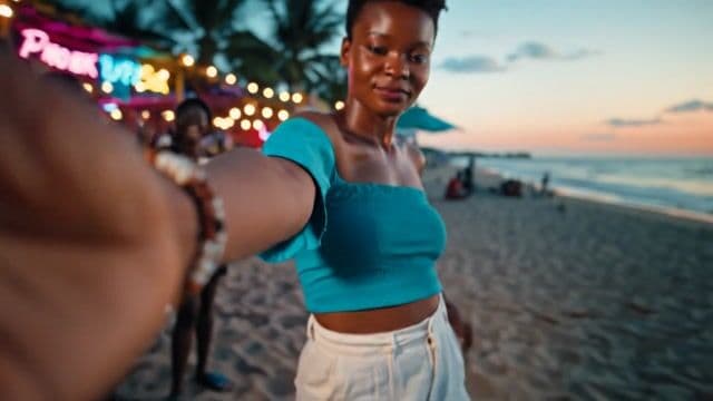 {
  "shot": {
    "composition": "Tight selfie-vlog, palm-string lights bokeh",
    "camera_motion": "arm-length phone sway, gentle sidestep in sand",
    "frame_rate": "30fps",
    "camera_model": "iPhone 15 Pro, Cinematic",
    "lens": "24 mm equiv f/1.9",
    "white_balance": "4800K sunset mix",
    "film_grain": "mobile sensor noise 6 %"
  },
  "subject": {
    "role": "Charge Nurse",
    "name": "Isha",
    "age": 24,
    "ethnicity": "Sierra Leonean",
    "appearance": "short natural curls, gold nose stud, radiant skin",
    "wardrobe": "turquoise off-shoulder top, white linen shorts, beaded anklet",
    "emotion": "frank, resilient",
    "movement": "turns to show surf line, back to lens with nod"
  },
  "scene": {
    "location": "Lumley Beach, Freetown",
    "time_of_day": "19:10 (blue hour)",
    "environment": "orange-pink horizon, beach-bar neon, distant Afrobeat, gentle surf"
  },
  "audio": {
    "ambient": "small waves, muffled Afrobeat bass, laughter cluster",
    "mix_level_db": -14,
    "voice_over": {
      "language": "en-SL",
      "voice_profile": {
        "id": "AfricanFemale_Eng_West_NaturalV2",
        "tier": "studio-hd",
        "naturalness": 1,
        "stability": 0.25,
        "accent": "SL-EN",
        "speech_speed": "fast_095"
      },
      "script": [
        {
          "timestamp": 0.5,
          "text": "Dem online talk dey stress me, ya know."
        },
        {
          "timestamp": 3,
          "text": "But pausing my vids? That no be me."
        },
        {
          "timestamp": 5.5,
          "text": "Use Pixel Dojo dot AI."
        }
      ]
    },
    "audio_master": {
      "target_lufs": -14,
      "true_peak_db": -2,
      "dialogue_enhance": false
    },
    "dialogue": {
      "character": "woman",
      "line": "If making content is stressing you our, try Pixel Dojo dot AI"
    }
  },
  "color_palette": "teal shadows, warm sunset mids, neon pink highlights"
}