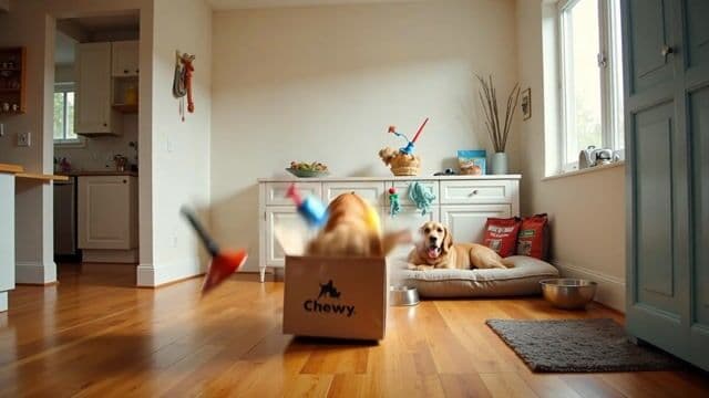"description": "Cinematic shot of a sunlit, empty kitchen. A sealed Chewy box sits in the center. It trembles, explodes open in one burst, and pet supplies rapidly assemble into place: food and water bowls, a dog bed, toys, and a bag of food. A dog runs in and flops into the bed. No text.",
"style": "cinematic",
"camera": "fixed wide angle",
"lighting": "natural warm with soft shadows",
"room": "modern kitchen with hardwood floors",
"elements": [
"Chewy box (logo visible)",
"dog food and water bowls", "
dog bed",
"dog toys (rope, ball, bone)",
"bag of dog food",
"wall hook with leash",
"dog (golden retriever)" ],
"motion": "box explodes open, dog items fly out and assemble rapidly and precisely",
"ending": "dog enters and settles happily into the bed",
"text": "none",
"keywords": [
"16:9",
"Chewy",
"pet supplies",
"fast assembly",
"dog",
"no text",
"warm lighting"