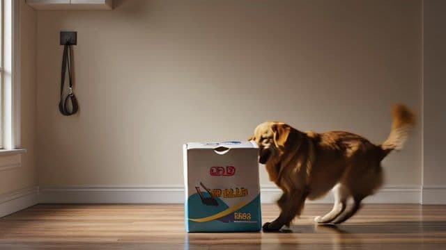 "description": "Cinematic shot of a sunlit, empty kitchen. A sealed Chewy box sits in the center. It trembles, explodes open in one burst, and pet supplies rapidly assemble into place: food and water bowls, a dog bed, toys, and a bag of food. A dog runs in and flops into the bed. No text.",
"style": "cinematic",
"camera": "fixed wide angle",
"lighting": "natural warm with soft shadows",
"room": "modern kitchen with hardwood floors",
"elements": [
"Chewy box (logo visible)",
"dog food and water bowls", "
dog bed",
"dog toys (rope, ball, bone)",
"bag of dog food",
"wall hook with leash",
"dog (golden retriever)" ],
"motion": "box explodes open, dog items fly out and assemble rapidly and precisely",
"ending": "dog enters and settles happily into the bed",
"text": "none",
"keywords": [
"16:9",
"Chewy",
"pet supplies",
"fast assembly",
"dog",
"no text",
"warm lighting"