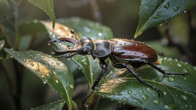 A highly detailed macro shot of a stag beetle crawling through wet leaves in a forest after a rain shower. The beetle's shiny exoskeleton is adorned with glistening water droplets, reflecting the golden rays of sunlight. These reflections create a subtle rainbow effect on the leaves around it. The rich textures of the leaves and the intricate details of the beetle should be captured with extraordinary clarity, resembling a vivid cover image for National Geographic. The background should be softly blurred to emphasize the beetle and the droplets on the lush foliage. camera follow the stag beetle while he is crawling over the leaves