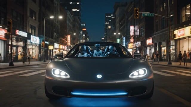 {
  "subject": {
    "description": "four grey aliens\n",
    "wardrobe": "basket ball white jerseys with ALIENS printed on the front, each aliena has a special number",
    "action": "Alien hover car is cruising fast down street and stops quickly at a red light. the four aliens open the doors and quickly exit the car and run to the front bumper."
  },
  "scene": {
    "location": "city street, street lights, store lights",
    "time_of_day": "night time",
    "tone": ""
  },
  "motion": {
    "subject_movement": "running around the car",
    "speed": "fast",
    "duration": "8 seconds"
  },
  "video_style": {
    "format": "cinimatic",
    "effects": "natural lighting",
    "aspect_ratio": ""
  },
  "shot": {
    "composition": "Wide shot, 24mm lens, cinematic framing"
  }
}