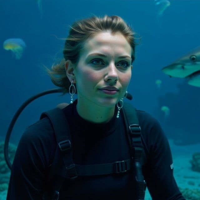 a woman is diving when a giant shark passes behind her