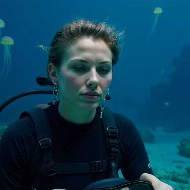 A graceful woman in a sleek wetsuit scuba dives through a vibrant coral reef teeming with colorful fish and swaying sea anemones, her bubbles trailing upward as she explores ancient shipwreck ruins with fluid, purposeful strokes, captured in a slow tracking shot that follows her descent into deeper blue waters. Shot on 35mm film with anamorphic lenses for a cinematic underwater depth of field, featuring natural sunlight rays piercing the surface, subtle volumetric god rays, and a cool-toned color grade evoking serene adventure. 10-second clip in 4K resolution at 24fps with a 16:9 aspect ratio.