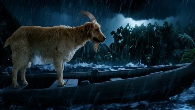 turn the goat into a dog, and the background into the jungle in a rain storm