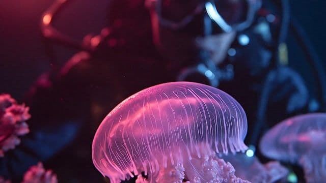 {
  "subject": "a glowing fluorescent jellyfish drifting slowly in the deep sea, with a scuba diver in the background wearing diving goggles and an oxygen tank",
  "pose": "the jellyfish gently floats upward while the diver carefully approaches from a distance with slow, deliberate motion",
  "environment": "deep underwater environment, extremely dark blue backdrop with faint particles in suspension; subtle volumetric lighting highlights the jellyfish glow, while the diver remains partially silhouetted until closer",
  "camera": {
    "motion": "tracking movement following the jellyfish from below and behind as it floats upward, with the diver gradually entering frame from the distance",
    "focus": "sharp on the glowing jellyfish in foreground; diver begins as soft blur and becomes more defined as they approach; visible air bubbles increase in clarity",
    "angle": "slightly low angle, creating depth between jellyfish and diver",
    "simulation": "Nauticam underwater housing rig with cinema-grade RED KOMODO-X and macro dome port"
  },
  "lighting": {
    "type": "natural bioluminescent glow from the jellyfish with supplemental soft blue backscatter light from diver’s equipment",
    "colors": ["fluorescent blue", "deep sea teal", "dark navy", "soft white from diver’s mask reflections"],
    "intensity": "low-light, high-contrast environment with subtle glowing gradients and fading vignettes",
    "mood": "mysterious, serene, awe-inspiring deep ocean exploration"
  },
  "mood": "quiet wonder, fragile beauty, human encounter with unknown marine life",
  "details": {
    "jellyfish": "bioluminescent, highly detailed translucent texture with soft pulsing glow",
    "diver": "partially obscured by darkness and depth fog, wearing modern diving suit and tank, goggles reflect the ambient jellyfish light",
    "bubbles": "air bubbles rising slowly from diver’s mask, increasingly visible as focus shifts",
    "particles": "fine suspended ocean particles reflecting faint light rays"
  },
  "audio_cues": {
    "vocals": "none",
    "instrumentals": "cinematic epic orchestral soundtrack with ambient underwater reverb",
    "ambience": "subtle underwater sounds, diver’s breathing and bubble release, faint current motion"
  },
  "render_style": "ultra-realistic underwater video with high-depth clarity, macro motion tracking, filmic composition and precise focus shift",
  "meta_tokens": [
    "fluorescent jellyfish macro",
    "cinematic underwater lighting",
    "RED KOMODO underwater rig",
    "focus shift realism",
    "air bubble simulation",
    "deep sea cinematic LUT",
    "HDR aquatic fog",
    "bioluminescent glow tracking"
  ],
  "lens_type": "100mm underwater macro cine lens with custom dome port",
  "image_format": "9:16 portrait 6K HDR with DCI color grading",
  "file_signature": "DEEPSEA_2025_JELLYDIVE_XR6.RED",
}