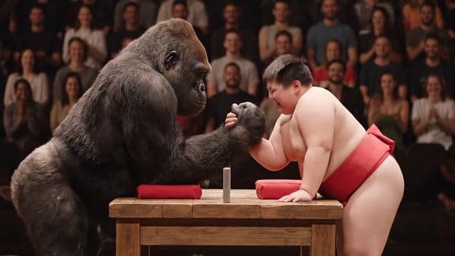 professional photography of muscular huge gorilla sitting on one side of a table and performing arm wrestling with a chubby boy in Sumo wrestler pants who sitting on opposite side of the table. crowed of people watching in the background, bokeh, depth of field. arena.

boy grabs the hand of the gorilla, put the gorillas arm down and win the arm wrestling!

Dramatic music background sound while people in background applaud