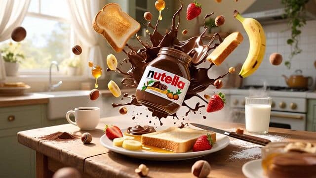 {
  "shot": {
    "composition": "wide shot of a cozy kitchen table using a 24mm wide angle lens on a Sony A7S III, capturing the central exploding Nutella jar with surrounding food items in mid-air, deep depth of field to keep all elements in focus",
    "camera_motion": "slow panning shot from left to right across the kitchen table, emphasizing the explosive motion of the food items",
    "frame_rate": "30fps",
    "film_grain": "light digital film grain for a hyper-realistic advertisement aesthetic"
  },
  "subject": {
    "age": null,
    "description": "no human characters; central subject is a glass jar of Nutella with a red and white label featuring the Nutella logo and an orange hazelnut graphic, mid-explosion with thick chocolate hazelnut spread bursting outward in viscous splatters and droplets",
    "wardrobe": "not applicable; no clothing on subjects",
    "anatomy": "not applicable; food items in dynamic mid-air positions with motion blur, including floating toast slices, banana pieces, strawberries, and honey drips suspended in explosive chaos"
  },
  "scene": {
    "location": "bright, modern kitchen with light green cabinets, wooden countertop, and a window with white curtains allowing natural light to flood in",
    "time_of_day": "morning, based on bright natural sunlight streaming through the window",
    "environment": "cozy domestic kitchen setting with potted plants hanging near the window, a sink with running faucet in the background, white stove, teapot on the counter, and steam rising from a coffee cup; wooden table in the foreground cluttered with breakfast items"
  },
  "visual_details": {
    "action": "everything exploding outward from the central Nutella jar, with chocolate spread splattering, toast slices flying upward, bananas and strawberries tumbling in the air, honey dripping and splashing, all in slow-motion explosive chaos while the camera pans",
    "props": "open Nutella jar exploding with chocolate spread, golden-brown toast slices (one on a plate with banana slices and strawberries, others airborne), yellow banana peels and slices, red strawberries, glass of white milk, white coffee mug with steam, silver knife on the plate, jar of honey with drips, scattered hazelnuts and chocolate pieces"
  },
  "cinematography": {
    "lighting": "bright natural sunlight from the window creating warm highlights and soft shadows on the wooden table and food items, with a vibrant and appetizing glow",
    "tone": "ener
