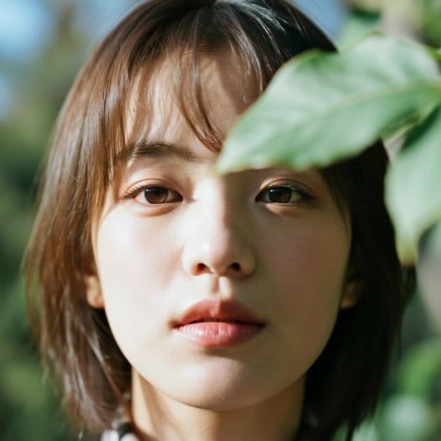 {
  "shot_composition": "Close-up portrait shot of a young woman's face centered in the frame, with a large green leaf extending from the right side partially obscuring her right eye and cheek, captured with a shallow depth of field that blurs the green foliage background, using a lens that emphasizes soft focus and natural bokeh.",
  "scene_setting": "Outdoor natural environment with lush green foliage surrounding the subject, soft daylight filtering through leaves creating gentle highlights and shadows on the face, with a clear blue sky visible at the top and a serene, verdant atmosphere evoking a peaceful garden or forest edge during daytime.",
  "subject_wardrobe": "Young Asian woman with fair skin, shoulder-length straight brown hair with bangs, large brown eyes gazing directly forward, neutral expression with slightly parted pink lips, wearing a subtle dark-colored top with a collar visible at the neckline.",
  "motion_animation": "Dynamic animation where the large green leaf sways gently in a breeze from right to left across the woman's face, her hair subtly fluttering with the wind, and her eyes blinking naturally while her expression shifts from neutral to a soft smile over 5 seconds, creating an energetic and lively flow with leaves in the background rustling dynamically.",
  "camera_movement": "Smooth camera pan from left to right starting close on the leaf and moving to reveal more of the woman's face, with a slight zoom out to incorporate more surrounding greenery, maintaining dynamic pacing over the video duration.",
  "visual_style": "Soft, dreamy photographic style with natural color grading featuring vibrant greens, warm skin tones, and subtle blue sky hues, evoking a serene and ethereal mood consistent with the original image's gentle lighting and bokeh effects."
}