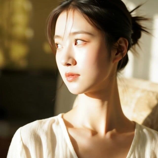 Close-up portrait shot of a young woman's face and upper body in profile view, captured with a shallow depth of field that softly blurs the background, using a lens that emphasizes natural skin textures and subtle facial details.. Indoor room with warm sunlight streaming in from the side, creating a soft golden glow on the walls and furniture, including a beige armchair partially visible behind the subject, evoking a serene daytime atmosphere with gentle shadows and highlights.. Young woman with fair skin, dark brown hair tied in a loose bun with strands falling gently, wearing a loose white blouse with a V-neckline that drapes softly over her shoulders, her expression neutral and contemplative with subtle eye makeup and natural lips.. The woman dynamically turns her head slowly towards the camera, her hair swaying lightly and catching the sunlight, while she transitions from a neutral expression to a subtle smile, with gentle wind-like movements rustling her blouse for added energy and fluidity throughout the sequence.. Smooth camera pan starting from the side profile and circling slightly around the woman's face to reveal more of her expression, combined with a subtle zoom-in to heighten the dynamic intimacy of the moment.. Soft and ethereal aesthetic with warm pastel tones, natural lighting that highlights skin glow and subtle textures, maintaining a gentle, dreamy mood consistent with the original image's serene and luminous quality.