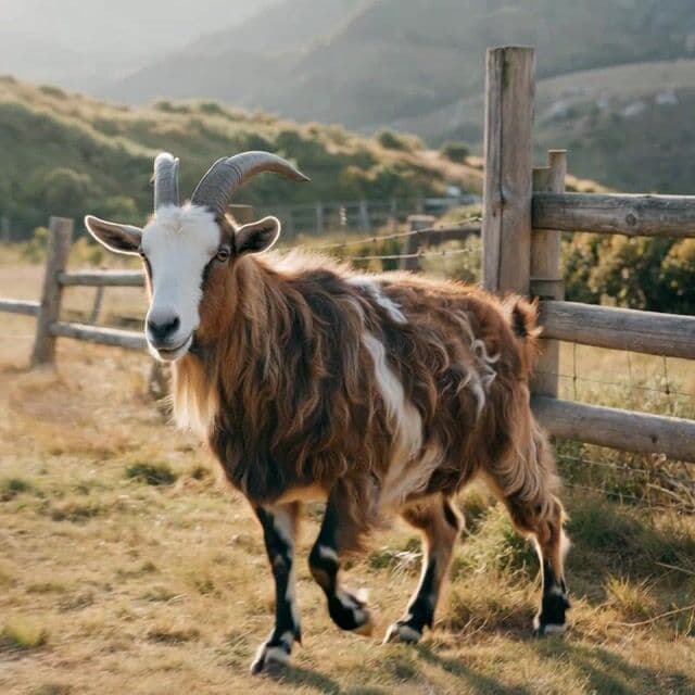 {
  "shot_composition": "Medium close-up shot of a single goat standing in the foreground, facing the camera directly with its head slightly tilted, captured from a low eye-level perspective using a wide-angle lens to include the surrounding wooden fence and expansive hilly landscape in the background.",
  "scene_setting": "The scene is set in a sunny, open grassland on rolling hills with distant mountains under a clear blue sky, featuring golden sunlight casting warm highlights and soft shadows, with green grass, scattered bushes, and a rustic wooden fence with wire enclosing the area.",
  "subject_wardrobe": "A brown and white goat with curly, shaggy fur, prominent curved horns, white face and underbelly, brown patches on its body, black hooves, standing alert on all four legs in a grassy field.",
  "motion_animation": "The goat dynamically trots forward towards the camera, shaking its head energetically and flicking its tail, then leaps playfully over a low section of the fence, with its fur rippling in the wind and grass swaying beneath its hooves, building to a fast-paced gallop across the hillside over 5-10 seconds.",
  "camera_movement": "The camera starts static at eye level with the goat, then smoothly pans and tracks forward to follow the goat's dynamic movement, circling slightly to the side for a three-quarter view as it leaps, maintaining a steady pace to capture the energy of the motion.",
  "visual_style": "Realistic photographic style with warm, natural golden-hour lighting, earthy tones of browns, whites, and greens, high detail in fur texture and landscape elements, evoking a serene yet vibrant rural atmosphere."
}