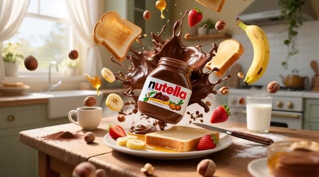 {
  "shot_composition": "A dynamic close-up shot centered on a wooden kitchen table, capturing an explosive burst from a Nutella jar in mid-air, with slices of golden toasted bread, red strawberries, yellow banana slices, and brown hazelnuts splashing and floating around it, framed from a slightly elevated perspective as if viewed from above the table, using a wide-angle lens to emphasize the chaotic energy and depth of the scene.",
  "scene_setting": "A bright and cozy modern kitchen with light wooden table in the foreground, white cabinets and a sink in the background, a window with sheer white curtains allowing soft morning sunlight to stream in, green potted plants on the windowsill, a white stove and teapot on the counter, creating a warm and inviting atmosphere with natural daylight illuminating the vibrant food items.",
  "subject_wardrobe": "",
  "motion_animation": "The Nutella jar dynamically explodes in slow motion, with thick chocolate spread splashing outward in gooey streams, while slices of toast flip and twirl through the air, strawberries and banana slices bounce and scatter energetically, hazelnuts tumble and roll across the table, and steam rises gently from a cup of coffee, all building to a climactic assembly where the ingredients land perfectly on a plate to form a delicious breakfast spread, with smooth timing starting slow and accelerating for high-energy impact.",
  "camera_movement": "The camera starts with a steady close-up on the exploding jar, then smoothly pans outward in a circular motion around the table to follow the flying food items, zooming in briefly on the landing ingredients for emphasis, maintaining a fluid and dynamic flow to heighten the sense of excitement and motion.",
  "visual_style": "Photorealistic advertising style with vibrant, saturated colors including rich brown chocolate, bright red strawberries, golden yellow bananas, and creamy white milk, featuring high-contrast lighting and a playful, appetizing mood that matches the energetic and fun aesthetic of a Nutella promotional image."
}