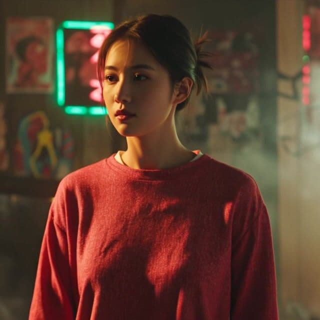 {
  "shot_composition": "A close-up portrait shot of a young woman from the chest up, captured with a shallow depth of field that blurs the background, using a medium telephoto lens to emphasize her facial features and create a sense of intimacy against the urban backdrop.",
  "scene_setting": "An atmospheric urban environment resembling a dimly lit alley or indoor space in a cyberpunk city, filled with glowing neon signs including a green 'RAIN' sign and red accents on the walls, surrounded by misty fog and subtle graffiti or posters, under low-key lighting with warm orange hues and cool neon glows creating a moody, hazy atmosphere.",
  "subject_wardrobe": "A young Asian woman with fair skin, dark brown hair tied back in a loose bun with some strands falling loosely, a neutral expression with slightly pursed lips and direct gaze, wearing a soft red crewneck sweater that appears textured and slightly oversized, fitting snugly around the neck and shoulders.",
  "motion_animation": "The woman begins in a stationary pose and starts walking forward steadily through the cyberpunk city, her steps measured and purposeful, with her red sweater swaying gently with each stride, as neon lights reflect off surrounding surfaces and fog swirls around her feet, progressing from the initial misty alley into bustling streets with dynamic light flares and subtle pedestrian movements in the background over a duration of 10-15 seconds.",
  "camera_movement": "A smooth tracking shot that follows the woman from a close-up position, gradually pulling back to a medium shot as she walks, panning slightly to reveal more of the cyberpunk cityscape with a steady forward motion to maintain focus on her while incorporating the evolving environment.",
  "visual_style": "Cinematic cyberpunk aesthetic with realistic lighting, dominant red and green neon colors against dark shadows, hazy fog for depth, and a moody, introspective mood that blends urban grit with high-contrast glows, maintaining the image's soft focus and warm-cool color palette."
}