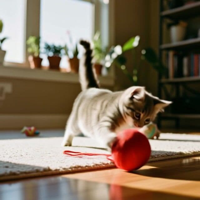 {
  "shot_composition": "Close-up shot of a small gray tabby kitten in a playful pounce pose, captured from a low angle on the floor with a shallow depth of field that softly blurs the background bookshelf and plants, emphasizing the kitten and red yarn ball in sharp focus, as if taken with a wide-aperture lens like 50mm f/1.8 for intimate detail.",
  "scene_setting": "Cozy indoor living room with warm natural sunlight streaming through a large window on the left, illuminating wooden hardwood floors covered by a light beige rug, potted green plants lined up on the windowsill, and a wooden bookshelf in the background filled with books and decorative items, creating a bright and inviting daytime atmosphere.",
  "subject_wardrobe": "",
  "motion_animation": "The small gray tabby kitten playfully bats and pounces on the red ball of yarn, unraveling the string with quick paw swipes and excited leaps, while the colorful toy balls on the floor gently roll in response, all animated with energetic, whimsical movements that convey curiosity and fun over a duration of 5-10 seconds.",
  "camera_movement": "Smooth, slow circling camera pan around the kitten from a low floor-level perspective, starting from the side and gently orbiting to capture the playful interaction from multiple angles, maintaining focus on the kitten's movements while subtly revealing more of the room's details.",
  "visual_style": "Soft, warm realistic photographic style with natural daylight tones, gentle highlights on the kitten's fur and yarn, cozy pastel colors dominating the scene, and a playful, heartwarming mood that matches the uploaded image's aesthetic."
}