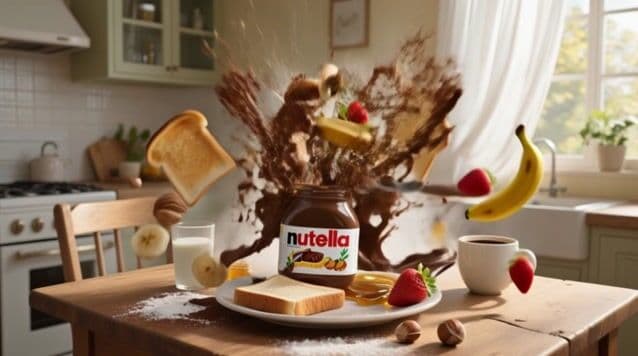{
  "shot_composition": "A dynamic close-up shot centered on a wooden kitchen table with an exploding Nutella jar as the focal point, captured from a slightly elevated angle looking down at the table surface, using a wide-angle lens to encompass the flying breakfast elements and surrounding kitchen details for a sense of explosive energy and depth.",
  "scene_setting": "A bright and cozy modern kitchen with wooden cabinets, a stove, sink, and large window allowing warm morning sunlight to stream in, illuminating potted plants on the windowsill and creating a fresh, inviting atmosphere with soft shadows and steam rising from a coffee cup on the table.",
  "subject_wardrobe": "",
  "motion_animation": "The Nutella jar bursts open dramatically with thick chocolate hazelnut spread erupting outward in swirling tendrils, propelling slices of golden toast, glazed donuts, whole and sliced bananas, fresh strawberries, and hazelnuts into the air in a chaotic explosion, with items tumbling and spinning dynamically over 3-5 seconds before settling back toward the table, emphasizing slow-motion splatters and flying particles for an appetizing, high-energy breakfast spectacle.",
  "camera_movement": "The camera starts with a steady close-up on the intact Nutella jar and plate of toast, then slowly zooms in as the explosion begins, followed by a subtle pan outward to follow the trajectory of the flying breakfast items, maintaining a smooth and fluid motion to heighten the dramatic reveal.",
  "visual_style": "Photorealistic CGI style with vibrant, warm colors including rich browns from the chocolate spread, golden yellows from the toast and bananas, red accents from strawberries, and natural kitchen tones, evoking an appetizing, playful, and high-energy mood consistent with food advertisement aesthetics."
}