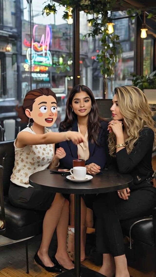 {
  "shot_composition": "Medium close-up shot framing three young women seated around a small round black table in a cafe, captured from a slight low angle emphasizing their upper bodies and expressive faces, with a wide lens that includes hanging plants and large windows in the background showing a bustling city street.",
  "scene_setting": "Cozy indoor cafe with wooden floors, black leather chairs, hanging green plants from the ceiling, warm ambient lighting from overhead lamps, and large floor-to-ceiling windows revealing a vibrant urban street outside at dusk with colorful neon signs glowing in blues and pinks, creating a lively yet intimate atmosphere.",
  "subject_wardrobe": "Three young women as friends: the left one with short brown hair, exaggerated cartoonish facial features including large eyes and open mouth, wearing a white sleeveless top with black floral patterns, black pants, and black heels, gesturing with her right hand pointed forward; the middle one with long straight black hair, wearing a beige blouse under a dark blue blazer, black pants, holding a white coffee cup; the right one with long wavy blonde hair, wearing a black long-sleeved top, black pants, gold bracelet, and hand resting on her chin thoughtfully.",
  "motion_animation": "Animate a lively conversation between the three friends, with the left woman emphatically gesturing and pointing while speaking animatedly, the middle woman nodding and sipping from her cup occasionally, and the right woman leaning in slightly while responding with subtle hand movements and facial expressions changing from thoughtful to smiling, all syncing with natural dialogue pacing over 5-10 seconds.",
  "camera_movement": "Slow subtle pan from left to right across the three women to capture their interactions, maintaining focus on their faces and gestures without drastic shifts.",
  "visual_style": "Photorealistic style with a blend of cartoonish exaggeration on the left woman's face for a whimsical touch, warm color tones inside contrasting with cool neon hues from outside, high detail on clothing textures and cafe elements to match the uploaded image's casual urban vibe."
}