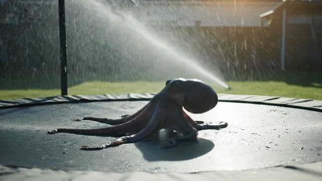 === Scene ===

Description: An octopus somehow ends up in a suburban backyard and slithers onto a trampoline, its tentacles spreading out in all directions. It tries to bounce — clumsily, with suction cups sticking briefly to the surface before releasing. The movement is weirdly graceful and hilarious. A sprinkler gently sprays in the background, mist catching the sunlight.
Tone: {"palette":"Greens, hose-wet trampoline black, soft blues from the sprinkler mist — all slightly desaturated and sun-faded","mood":"Delightful, bizarre, real — the kind of thing you'd rewind 3 times saying ‘What the hell did I just watch?’"}, {"enhancers":["realistic octopus tentacle movement and skin texture","suction cup interaction with trampoline surface","moisture glistening in the sunlight on skin and trampoline fabric","gentle spray from backyard sprinkler casting water particles through sunbeams","accurate trampoline dip and vibration from tentacle pressure"]}, cartoon octopus, dry skin, floating bounce, fake trampoline motion, stylized environment, underwater lighting

=== Shot ===

Composition: Fixed mid-wide angle from the side of the trampoline at ground level, like a security cam or home video. Slight lens compression and sun flare in the top corner. Shallow depth of field on the octopus motion.
Camera Motion: The octopus slowly inches forward, then flops its body upward in a half-bounce, followed by tentacles flailing slightly in mid-air before landing in a wet slurp. It pauses, blinks (somehow), then tries again — determined but confused.