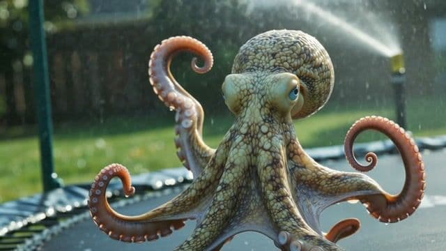 === Scene ===

Description: An octopus somehow ends up in a suburban backyard and slithers onto a trampoline, its tentacles spreading out in all directions. It tries to bounce — clumsily, with suction cups sticking briefly to the surface before releasing. The movement is weirdly graceful and hilarious. A sprinkler gently sprays in the background, mist catching the sunlight.
Tone: {"palette":"Greens, hose-wet trampoline black, soft blues from the sprinkler mist — all slightly desaturated and sun-faded","mood":"Delightful, bizarre, real — the kind of thing you'd rewind 3 times saying ‘What the hell did I just watch?’"}, {"enhancers":["realistic octopus tentacle movement and skin texture","suction cup interaction with trampoline surface","moisture glistening in the sunlight on skin and trampoline fabric","gentle spray from backyard sprinkler casting water particles through sunbeams","accurate trampoline dip and vibration from tentacle pressure"]}, cartoon octopus, dry skin, floating bounce, fake trampoline motion, stylized environment, underwater lighting

=== Shot ===

Composition: Fixed mid-wide angle from the side of the trampoline at ground level, like a security cam or home video. Slight lens compression and sun flare in the top corner. Shallow depth of field on the octopus motion.
Camera Motion: The octopus slowly inches forward, then flops its body upward in a half-bounce, followed by tentacles flailing slightly in mid-air before landing in a wet slurp. It pauses, blinks (somehow), then tries again — determined but confused.