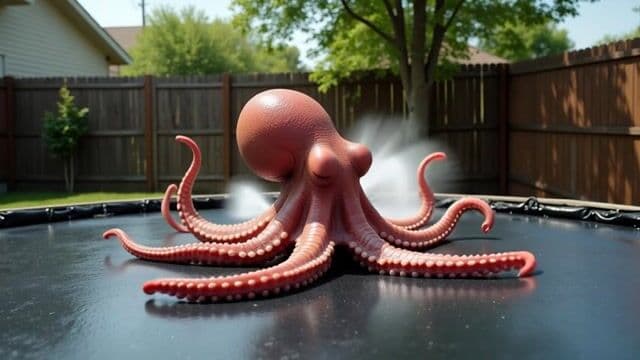 === Scene ===

Description: An octopus somehow ends up in a suburban backyard and slithers onto a trampoline, its tentacles spreading out in all directions. It tries to bounce — clumsily, with suction cups sticking briefly to the surface before releasing. The movement is weirdly graceful and hilarious. A sprinkler gently sprays in the background, mist catching the sunlight.
Tone: {"palette":"Greens, hose-wet trampoline black, soft blues from the sprinkler mist — all slightly desaturated and sun-faded","mood":"Delightful, bizarre, real — the kind of thing you'd rewind 3 times saying ‘What the hell did I just watch?’"}, {"enhancers":["realistic octopus tentacle movement and skin texture","suction cup interaction with trampoline surface","moisture glistening in the sunlight on skin and trampoline fabric","gentle spray from backyard sprinkler casting water particles through sunbeams","accurate trampoline dip and vibration from tentacle pressure"]}, cartoon octopus, dry skin, floating bounce, fake trampoline motion, stylized environment, underwater lighting

=== Shot ===

Composition: Fixed mid-wide angle from the side of the trampoline at ground level, like a security cam or home video. Slight lens compression and sun flare in the top corner. Shallow depth of field on the octopus motion.
Camera Motion: The octopus slowly inches forward, then flops its body upward in a half-bounce, followed by tentacles flailing slightly in mid-air before landing in a wet slurp. It pauses, blinks (somehow), then tries again — determined but confused.