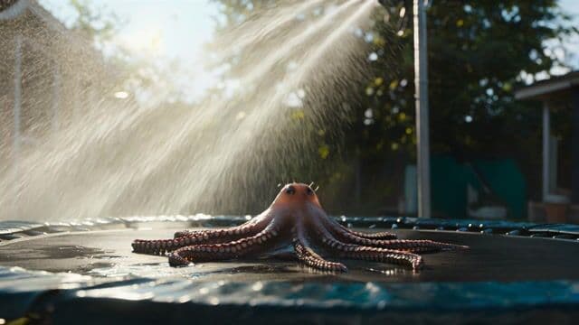 === Scene ===

Description: An octopus somehow ends up in a suburban backyard and slithers onto a trampoline, its tentacles spreading out in all directions. It tries to bounce — clumsily, with suction cups sticking briefly to the surface before releasing. The movement is weirdly graceful and hilarious. A sprinkler gently sprays in the background, mist catching the sunlight.
Tone: {"palette":"Greens, hose-wet trampoline black, soft blues from the sprinkler mist — all slightly desaturated and sun-faded","mood":"Delightful, bizarre, real — the kind of thing you'd rewind 3 times saying ‘What the hell did I just watch?’"}, {"enhancers":["realistic octopus tentacle movement and skin texture","suction cup interaction with trampoline surface","moisture glistening in the sunlight on skin and trampoline fabric","gentle spray from backyard sprinkler casting water particles through sunbeams","accurate trampoline dip and vibration from tentacle pressure"]}, cartoon octopus, dry skin, floating bounce, fake trampoline motion, stylized environment, underwater lighting

=== Shot ===

Composition: Fixed mid-wide angle from the side of the trampoline at ground level, like a security cam or home video. Slight lens compression and sun flare in the top corner. Shallow depth of field on the octopus motion.
Camera Motion: The octopus slowly inches forward, then flops its body upward in a half-bounce, followed by tentacles flailing slightly in mid-air before landing in a wet slurp. It pauses, blinks (somehow), then tries again — determined but confused.