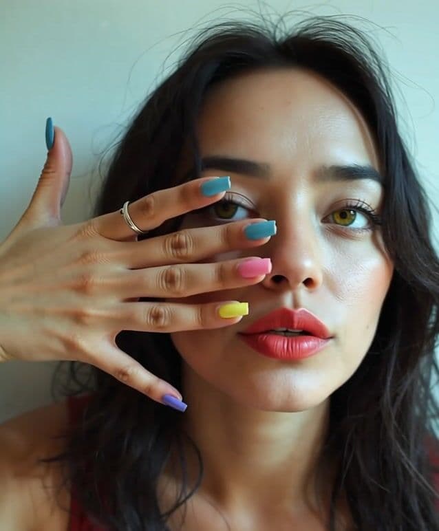 the woman is showing off her colorful nails