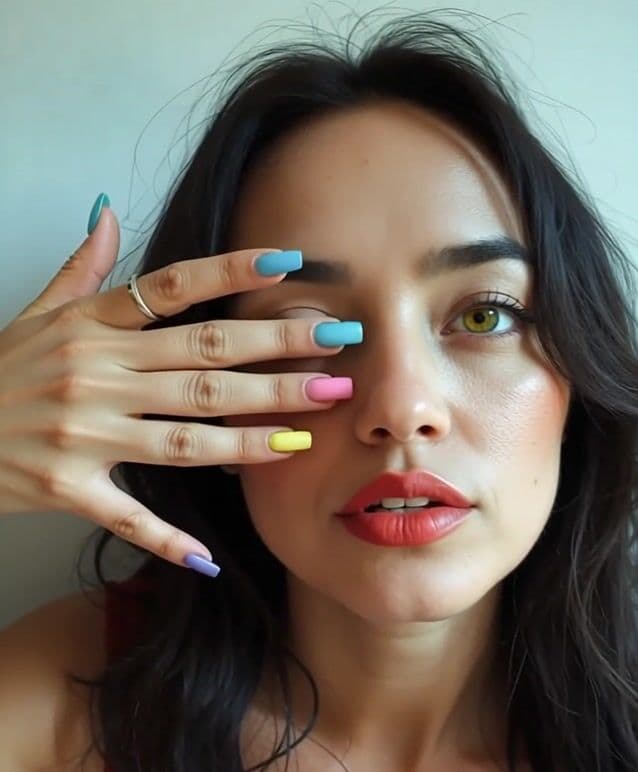 the woman is showing off her colorful nails