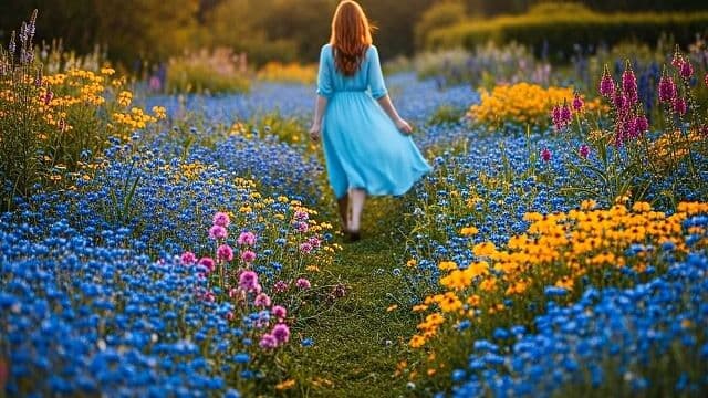 {
  "video COMPOSITION": "Wide shot capturing the expansive country garden in a 16:9 aspect ratio, using a 24mm wide-angle lens with a shallow depth of field to emphasize the foreground flowers while softly blurring the distant figure.",
  "SUBJECT & WARDROBE": "In the distance, a young woman with flowing red hair welks with her back to the viewer, dressed in a light, flowing blue summer dress that catches the breeze, her posture relaxed as she gazes ahead.",
  "SCENE SETTING": "A serene country garden bursting with beautiful blue, yellow and pink flowers in full bloom, set during the golden hour of late afternoon with warm sunlight filtering through, creating a cozy and vibrant atmosphere.",
  "VISUAL STYLE": "Hyper-realistic photo in a photorealistic style, with high-resolution details, vibrant color grading, and subtle grain texture
