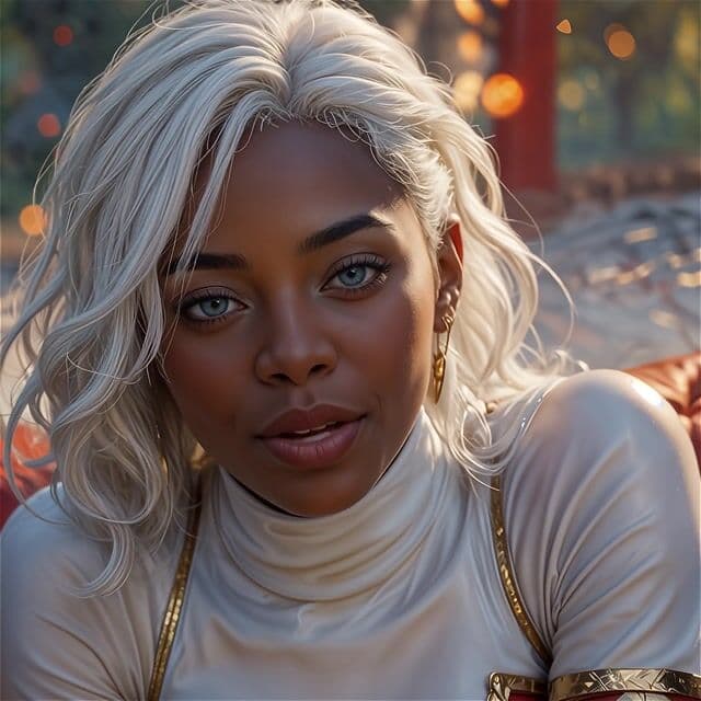 In a golden hour dusk close-up portrait, a young Black woman with piercing blue eyes, platinum blonde waves, and gold-accented white turtleneck gazes directly into the camera, her full lips moving as she speaks engagingly with subtle smiles and nods. The background features a blurred red pavilion amid soft bokeh lights and green foliage, bathed in warm glowing illumination that rims her features with ethereal highlights. Captured on Sony A7S III with an 85mm lens and shallow depth of field, the static shot slowly zooms in to emphasize her charismatic connection, evoking an intimate, mesmerizing atmosphere in hyper-realistic style.