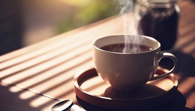 Close-up of a steaming coffee cup on a wooden table, morning light through blinds, soft depth of field.