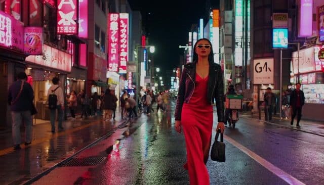 A stylish woman walks down a Tokyo street filled with warm glowing neon and animated city signage. She wears a black leather jacket, a long red dress, and black boots, and carries a black purse. She wears sunglasses and red lipstick. She walks confidently and casually. The street is damp and reflective, creating a mirror effect of the colorful lights. Many pedestrians walk about.

The woman says "Welcome to Pixel Dojo, the number one AI Video platform"