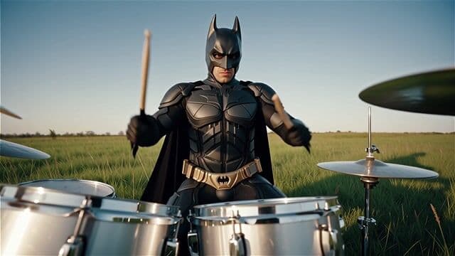 {
  "main_prompt": "Shot composition: Medium shot of Batman centered in the frame, dynamically playing a drum kit with arms raised mid-strike, captured from a slight low angle to emphasize his imposing stature against the open field.\nScene setting: Vast green grass field under a clear blue daytime sky, with soft natural sunlight casting gentle shadows and a vibrant, energetic atmosphere.\nSubject and wardrobe: Batman in his classic black batsuit with flowing cape and cowl, expression focused and intense as he drums passionately on a metallic drum set placed in the grass.\nMotion and animation: Subtle motion blur on drumsticks to convey rhythmic energy.\nCamera movement: none\nVisual style: Realistic comic book aesthetic with bold contrasts and vibrant colors, subtle film grain for a gritty heroic vibe.",
  "model": "google-gemini-image",
  "type": "image",
  "savedAt": "2025-10-08T03:13:35.179Z"
}