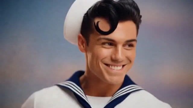 scene from Posers, a film about an 18-year-old Italian-American greaser rockabilly guy with pompadour who becomes a beefcake model, and how he got in over his head in a twilight world of crooked photographers and seedy photography studios. This is a jubilant montage before the fall, featuring him at his peak, being photographed for a calendar: He starts out dressed like a sailor, and then as the photos continue, he is flexing in his sparkling silver pair of posing trunks. In voiceover we hear photographer egging him on: "Beautiful... perfect... just like that... hello sailor..."