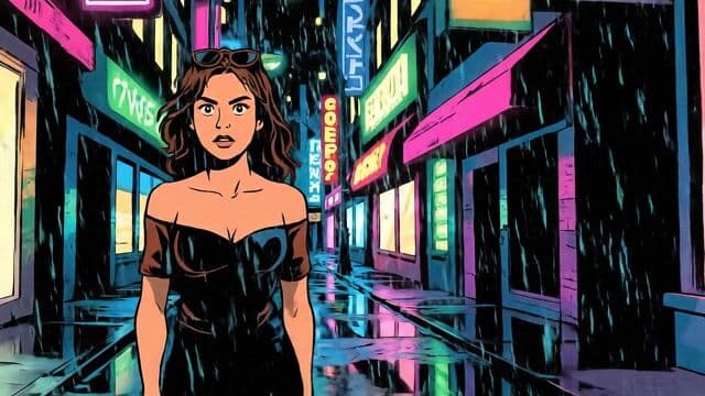 a woman walking through the city with neon rain