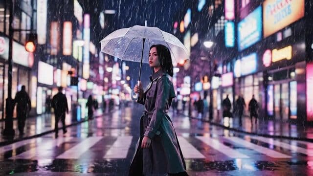 a woman walking through the city with neon rain