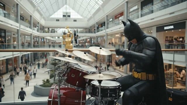 In a bustling daytime shopping mall atrium filled with multi-level walkways, storefronts, and a golden statue, Batman in his iconic black cowled suit with gray bat emblem sits at a full drum kit of black snare, red toms, and chrome cymbals, energetically delivering a"Billy Cobham" style, jazz fusion drum solo with rapid stickwork, foot pedal drives, and improvisational flair. The camera starts with a medium-wide 35mm shot on Sony A7S III, slowly dollying in to capture his focused intensity and rhythmic head nods amid the murmuring crowd, under bright natural window light mixed with fluorescents. Subtle film grain enhances the lively, superhero-meets-music atmosphere as ambient mall sounds echo the dynamic beats.
