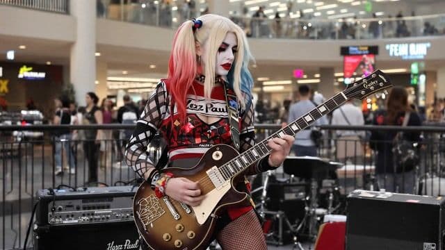 Harly Quinn plays the guitar with a "Al DiMeola"jazz fusion style at the mall.