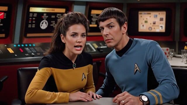 Opening shot: Close-up of a woman in yellow and black Starfleet uniform and a man in blue Starfleet uniform seated at a console, facing each other intently, with control panels and screens in the background; 50mm lens.
Camera movement: Slow push-in from medium two-shot to tighter close-up on their faces, paced steadily over 5 seconds to build tension.
Subject and action: The woman leans forward slightly, her expression serious as she speaks emphatically to the man, who listens with a raised eyebrow and subtle nod, his hand resting on the table.
Motion cues: Gentle parallax as foreground console elements shift against static background screens; minor occlusions from the woman's hair and uniform edges as she gestures subtly.
Scene setting: Futuristic starship interior with illuminated control panels, monitors displaying data, and dim overhead lighting creating a dramatic, confined atmosphere.
Aesthetic and grade: Cinematic sci-fi style with vibrant uniform colors, warm tungsten lighting, and a subtle film grain for a retro-futuristic grade matching classic Star Trek visuals.