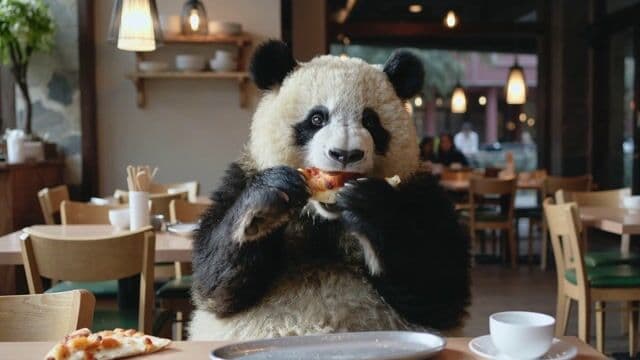 Huge Panda bear eating pizza in restaurant, photorealistic cinematic style