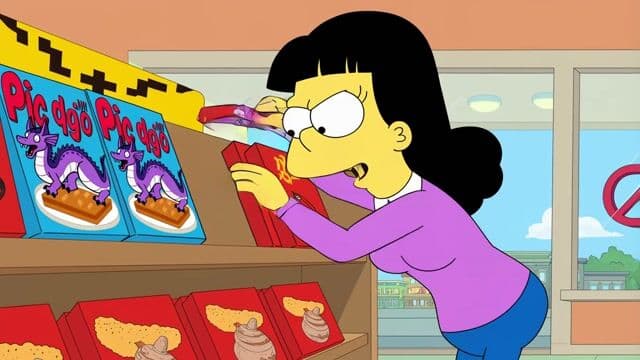 A realistic scene of a woman in a candy store frantically searching to find the last pixel dojo candy bar. once she finds it she exclaims, "gotta have that pixel dojo candy". the candy features a pixelated purple dragon with the text "pixel dojo" on the wrapper.