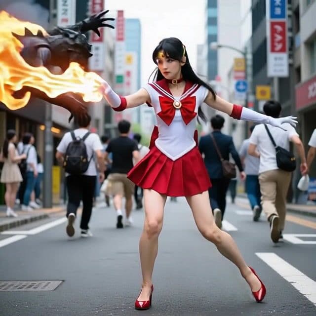 Sailor Mars's burns a monster that comes from off screen, in front of her  and attacks her. After it is dead, she runs down the street. 