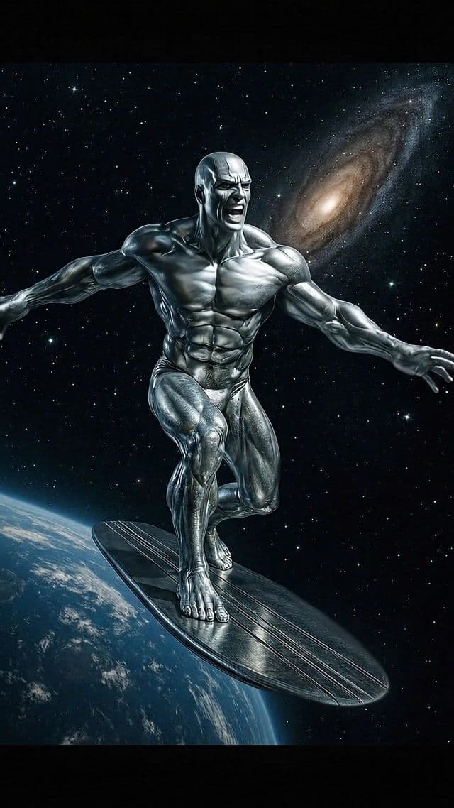 Opening shot: Dynamic low-angle view of the Silver Surfer poised on his gleaming silver surfboard, hovering above a cloudy blue planet with swirling galaxies and stars in the cosmic backdrop, captured with a 35mm lens for expansive depth.
Camera movement: still shot.
Subject and action: The metallic-skinned Silver Surfer stands confidently on his board, gesturing emphatically with outstretched arms as he speaks about his former master Galactus, his mouth moving in solemn narration.
Motion cues: Parallax effects with distant galaxies shifting against the foreground planet; occlusions as the surfboard's edge briefly hides stars; clear depth with foreground Surfer against layered cosmic background.
Scene setting: Vast outer space environment with a starry void, a luminous spiral galaxy glowing nearby, eternal night illuminated by celestial lights and ethereal glows.
Aesthetic and grade: Hyper-realistic comic book style with metallic sheen and dramatic contrasts; cool blue and silver color grade, high dynamic range for a cinematic, epic film look.